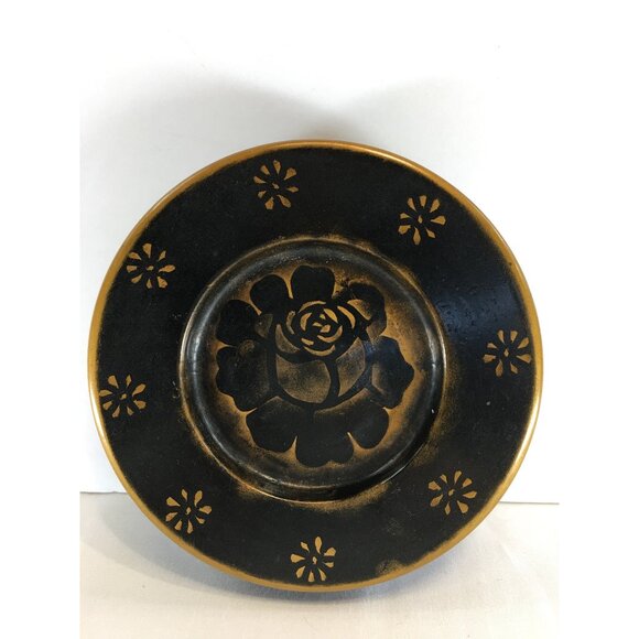 Vintage Japanese Lacquer Jewelry Trinket Box Black Gold Round Lidded 5.5'' - Picture 2 of 11